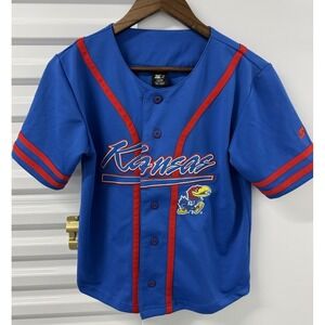 Kansas Jayhawks Baseball Jersey Blue Red Button Up Starter Men's Youth L